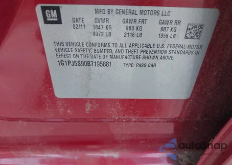 2011 Chevrolet Cruze Eco z USA, uszkodzony, nr VIN 1G1PJ5S90B7195881